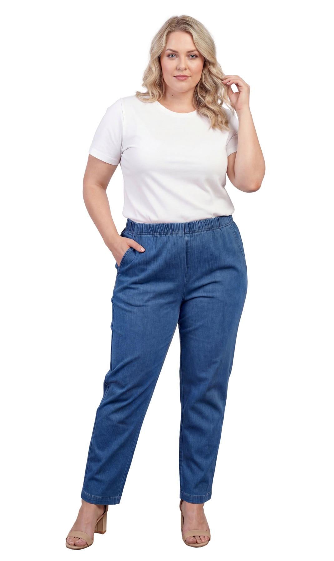 Turtle Bay New York Women's Lightweight Pull-On Denim Jeans with Elastic Waist Med Bule Full
