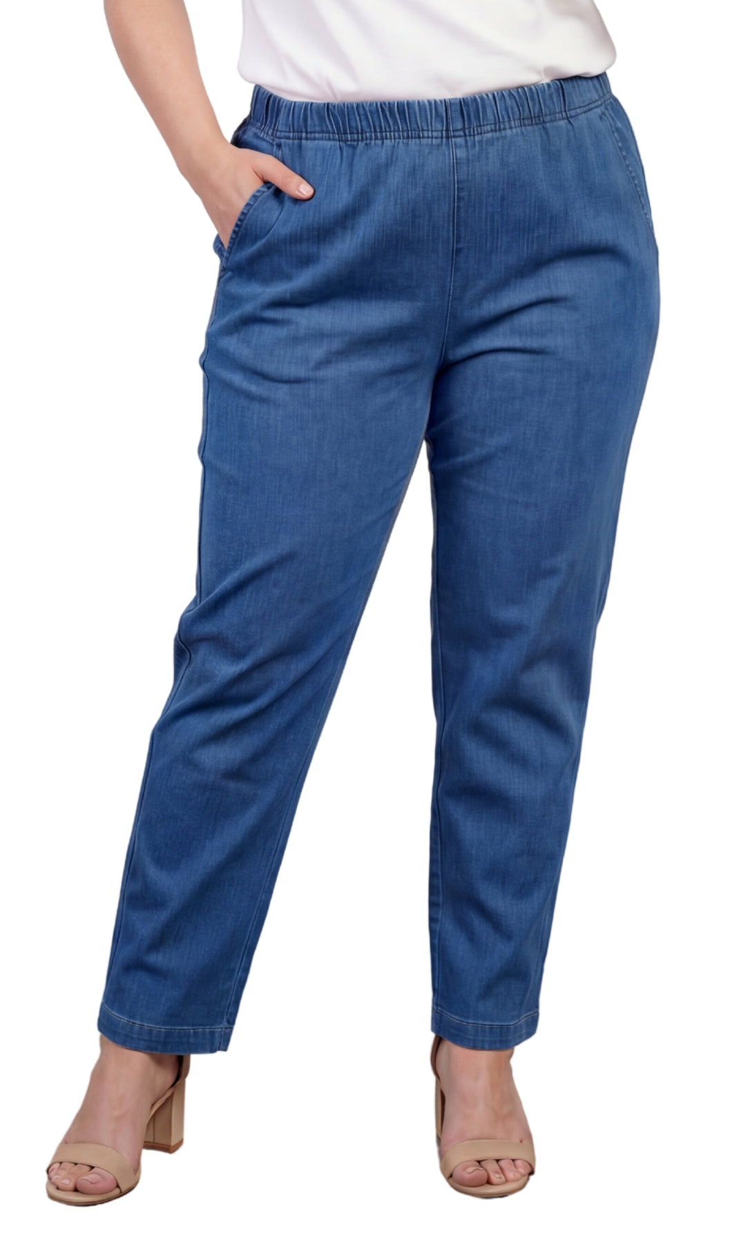 Turtle Bay Apparel Women's Lightweight Pull-On Denim Jeans with Elastic Waist – Med Blue Front View