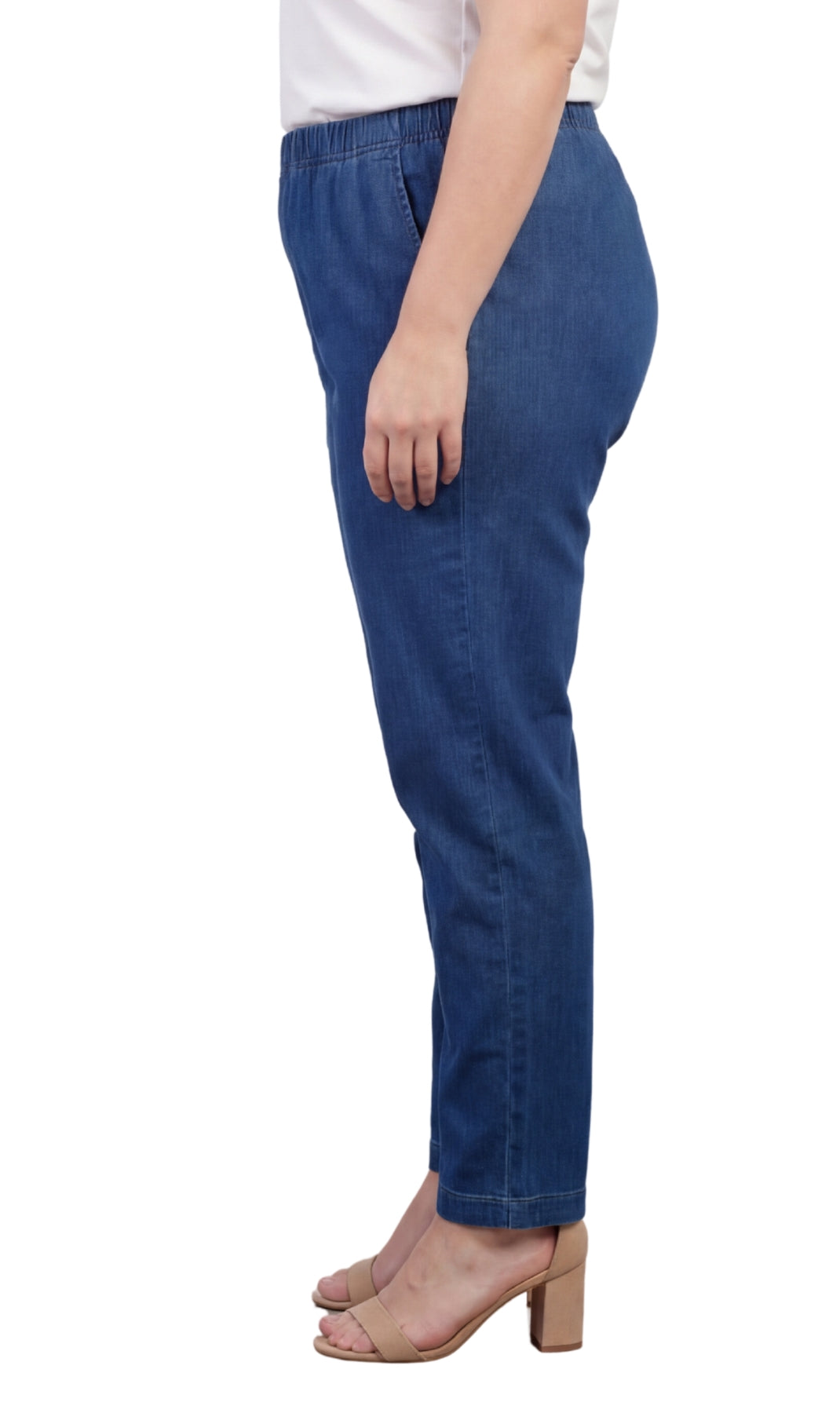 Turtle Bay Apparel Women's Lightweight Pull-On Denim Jeans with Elastic Waist – Med Blue Side View