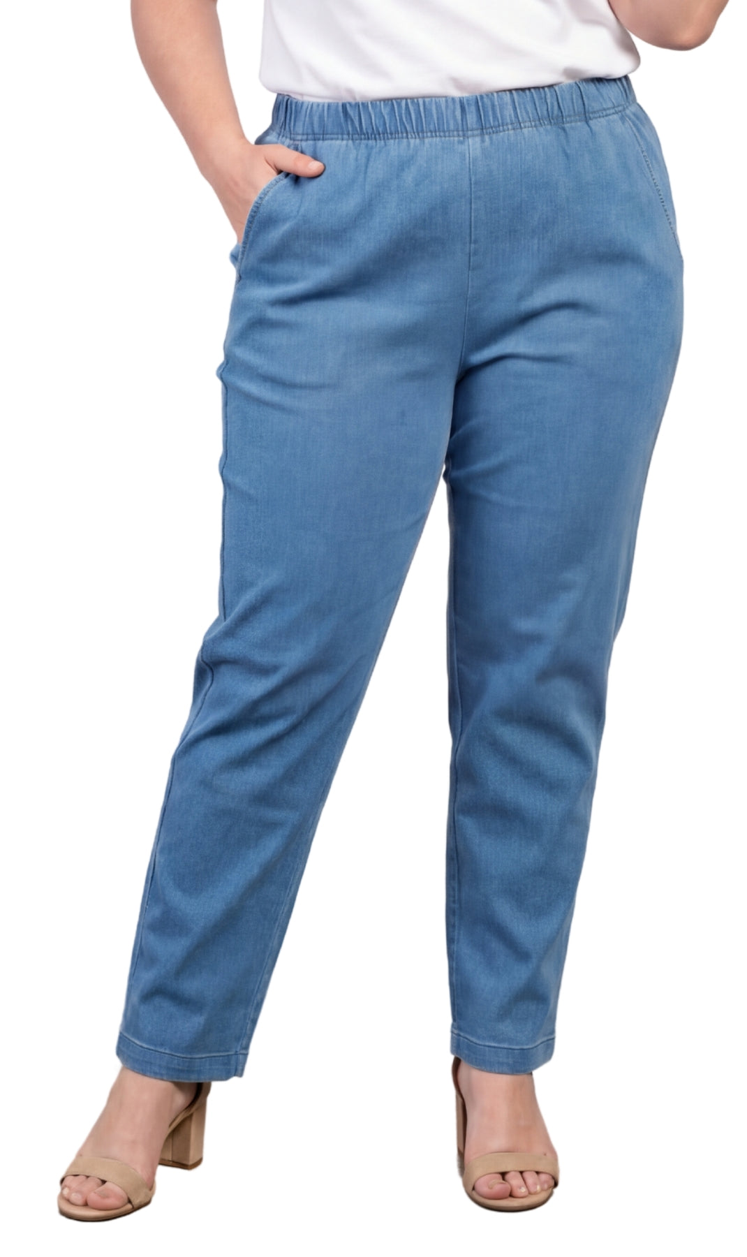 Turtle Bay Apparel Women's Lightweight Pull-On Denim Jeans with Elastic Waist – Chambray Front View