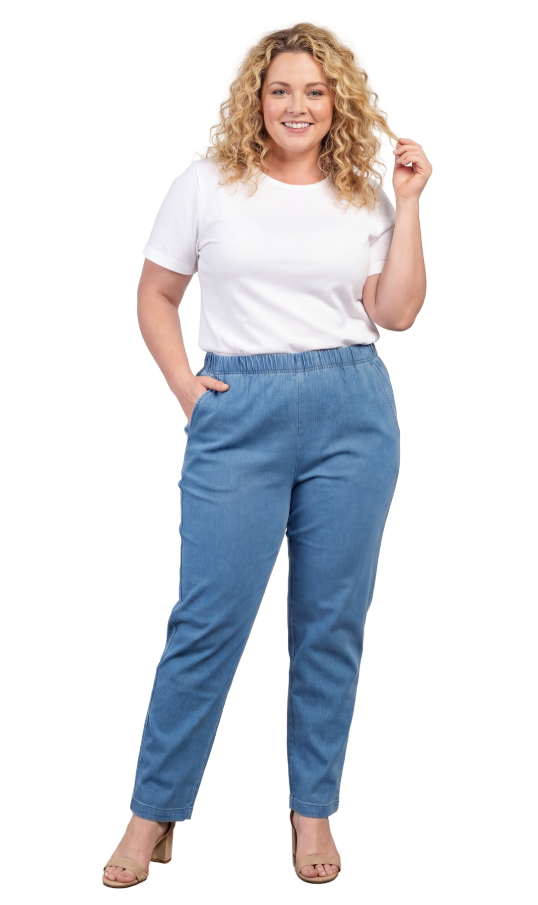 Turtle Bay Apparel Women's Lightweight Pull-On Denim Jeans with Elastic Waist – Chambray Full Length View