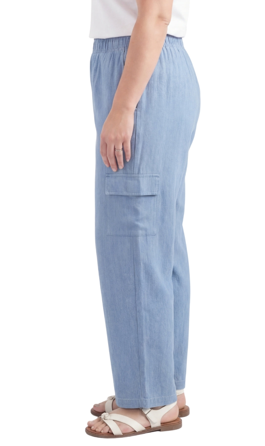 Turtle Bay New York Women's Lightweight Elastic Stretch Waist Casual Denim Pull-on Cargo Pants chambray side