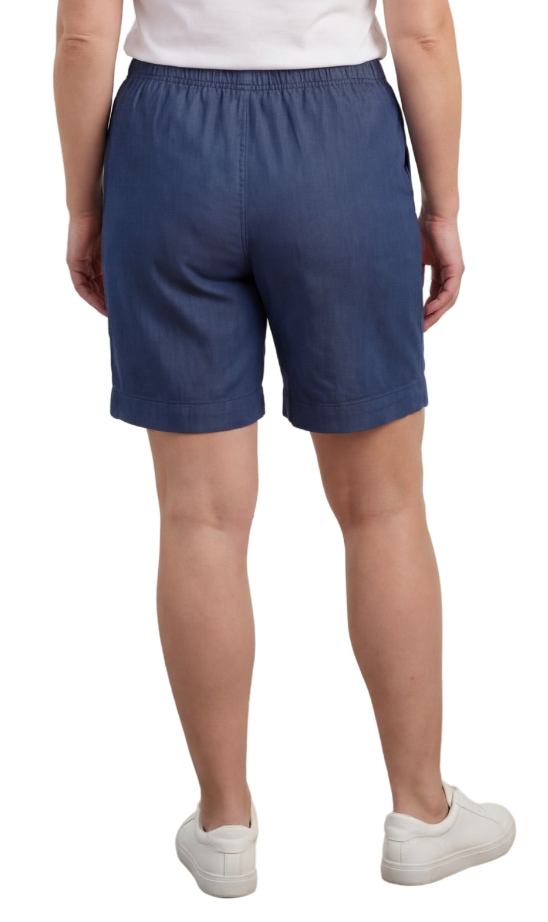 Turtle Bay Apparel Women's Pull On Denim & Twill Shorts with stretch waist – Indigo Back View