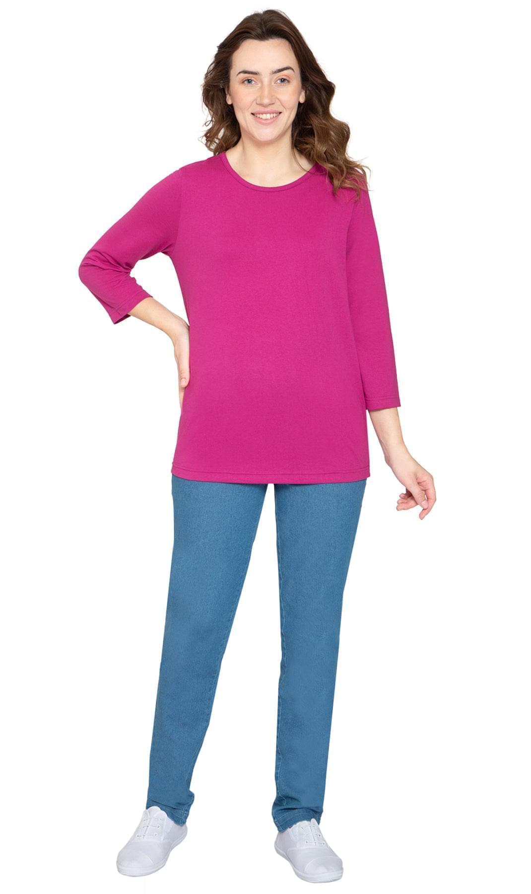 Women's 3/4 Sleeve Crew Neck Top - Comfortable Jersey Knit to Dress Up or Down - Deep Orchid - Full -TURTLE BAY APPAREL