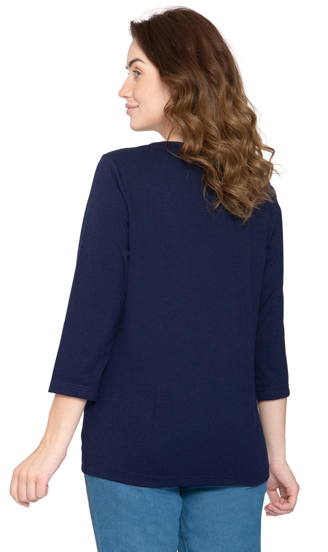 Women's 3/4 Sleeve Crew Neck Top - Comfortable Jersey Knit to Dress Up or Down - Navy - Back - TURTLE BAY APPAREL
