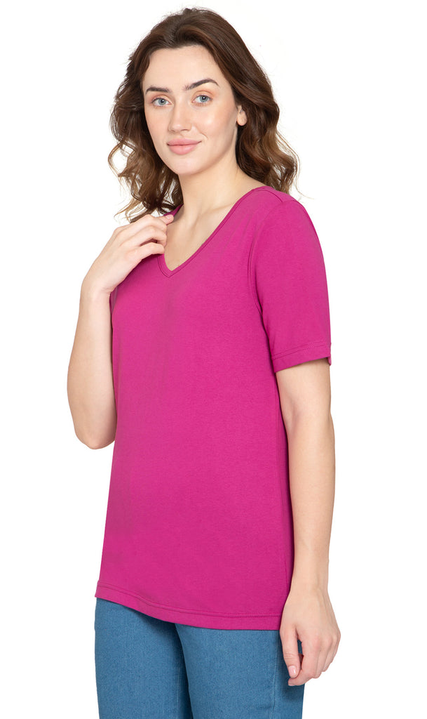Women's V Neck Knit TeeÔÇô Hits at the Hip for Longer Coverage and a Sleeker Fit - Deep Orchid- Side - TURTLE BAY APPAREL