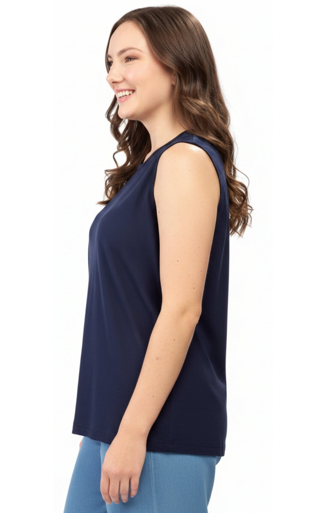 Turtle Bay Apparel Women's Classic Relaxed Fit Cotton blend Sleeveless Tank Top – Navy Side View
