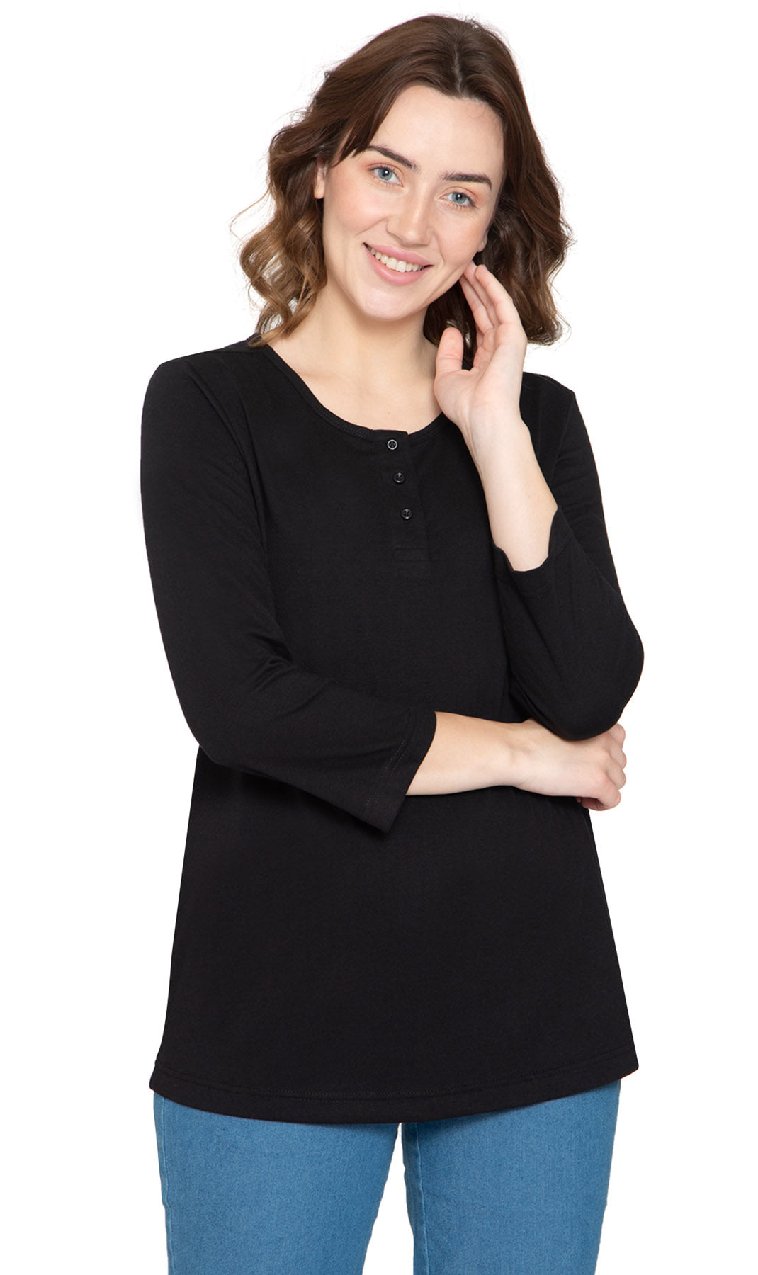 Women's Three Quarter Sleeve Henley ÔÇô Comfort in Every Color! - Black - Front -  TURTLE BAY APPAREL