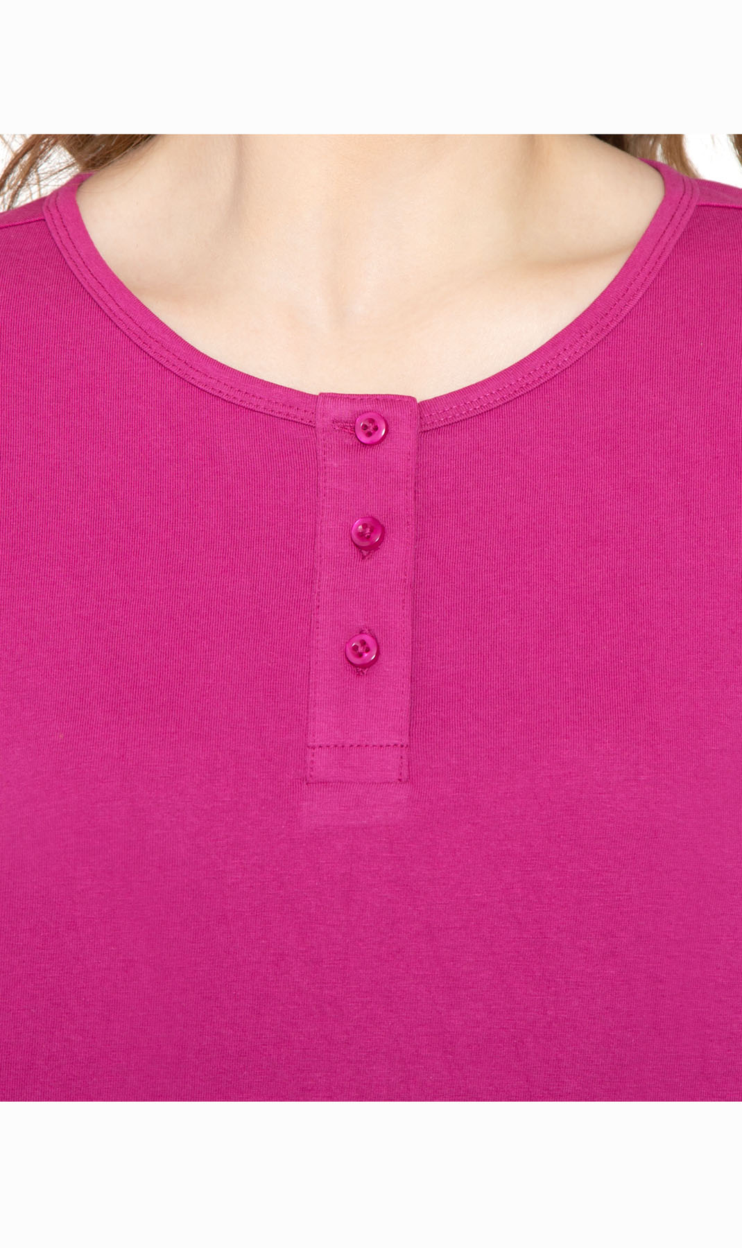 Women's Three Quarter Sleeve Henley ÔÇô Comfort in Every Color! - Deep Orchid - Close up - TURTLE BAY APPAREL