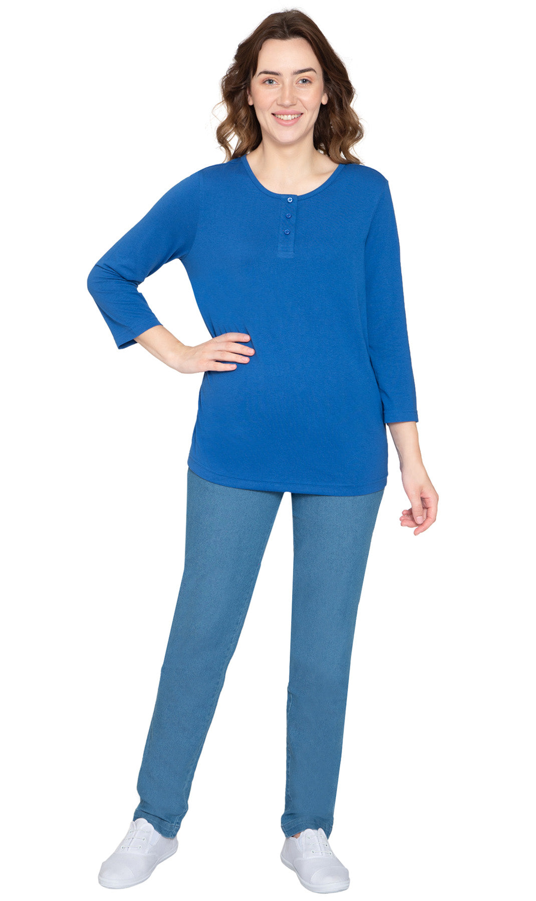 Women's Three Quarter Sleeve Henley ÔÇô Comfort in Every Color! - Navy - Full - TURTLE BAY APPAREL
