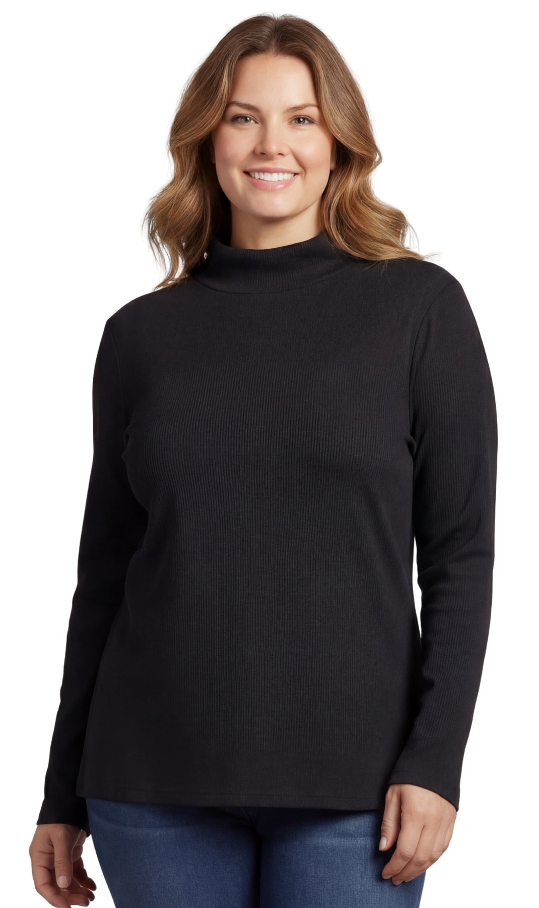 Turtle Bay New York Women's Ribbed Long Sleeve Mock Neck Top in Cotton Comfort Black Front