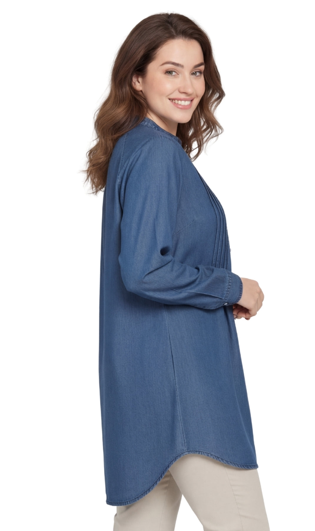 Women's Denim Pintuck Button-Front Tunic Top 3