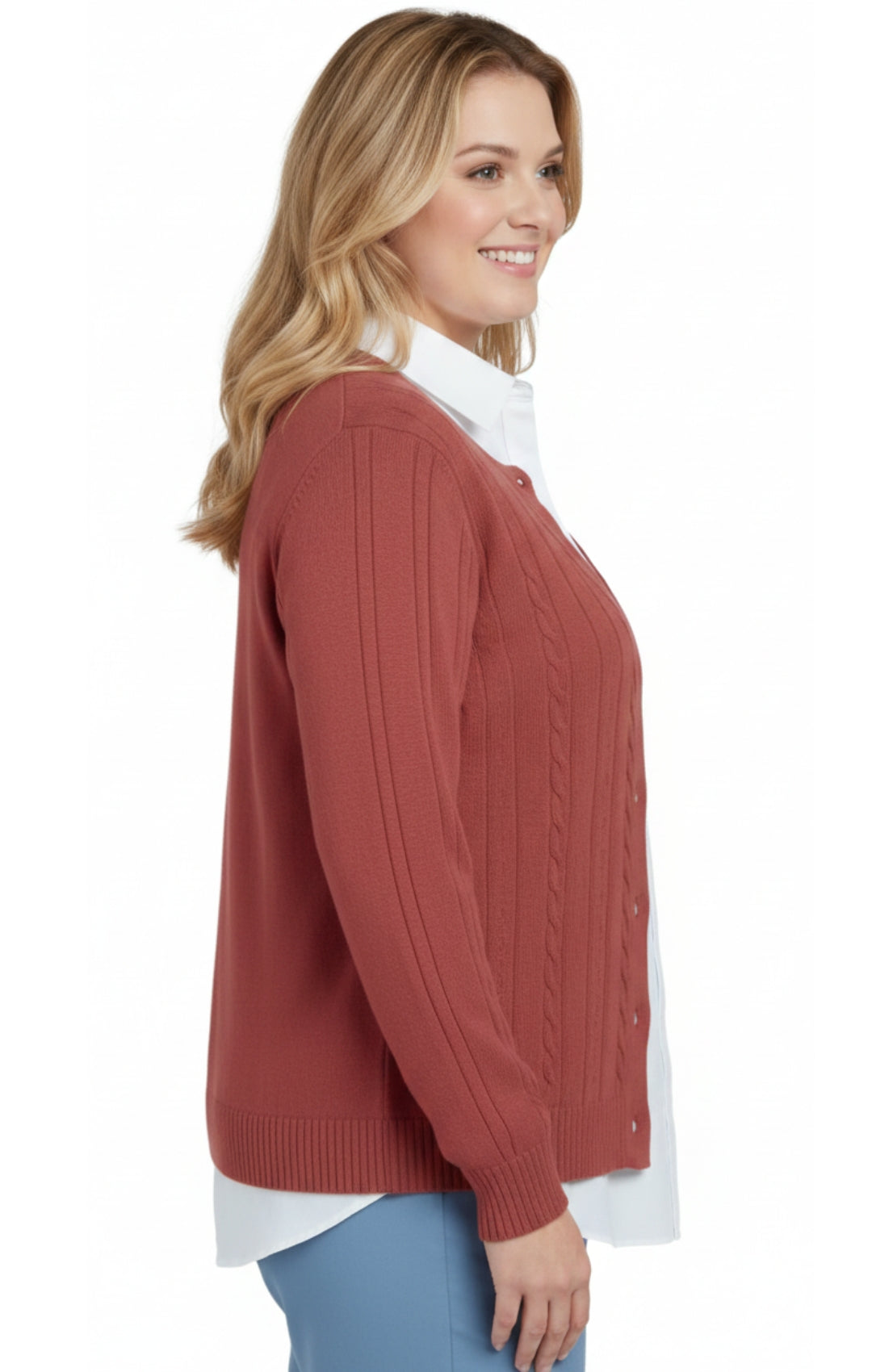 Women's Classic Button Front Cable Knit Cardigan in Soft Acryllic 28