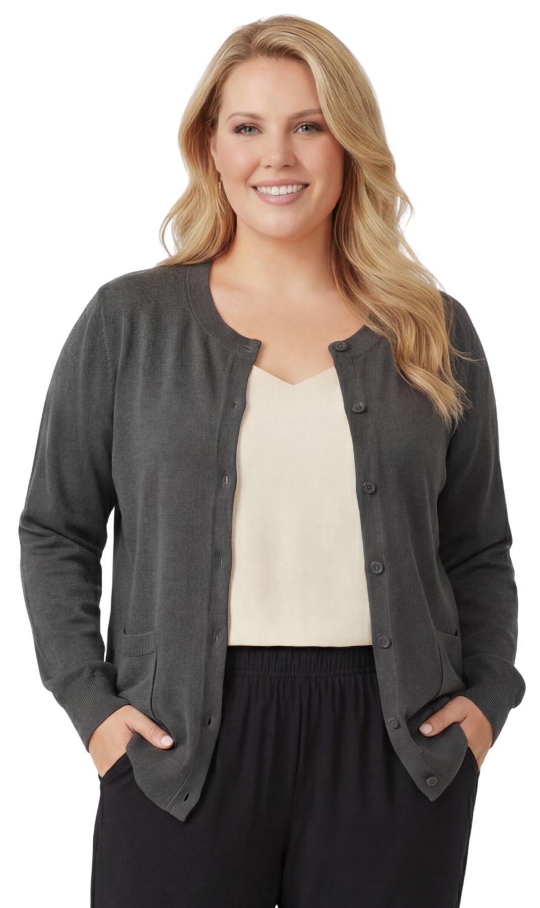 Women's Soft Cotton Button-Up Cardigan Crewneck Sweater Long Sleeves with Front Pockets