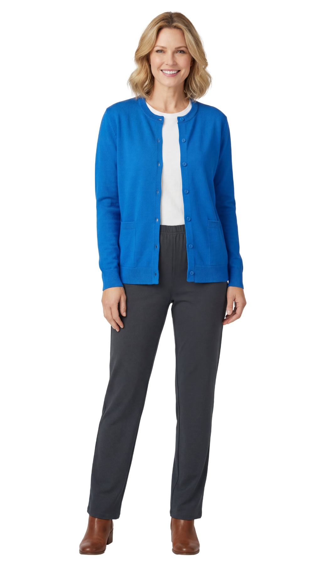 Turtle Bay New York Women's Soft Cotton Button-Up Cardigan Crewneck Sweater Long Sleeves with Front Pockets royal full