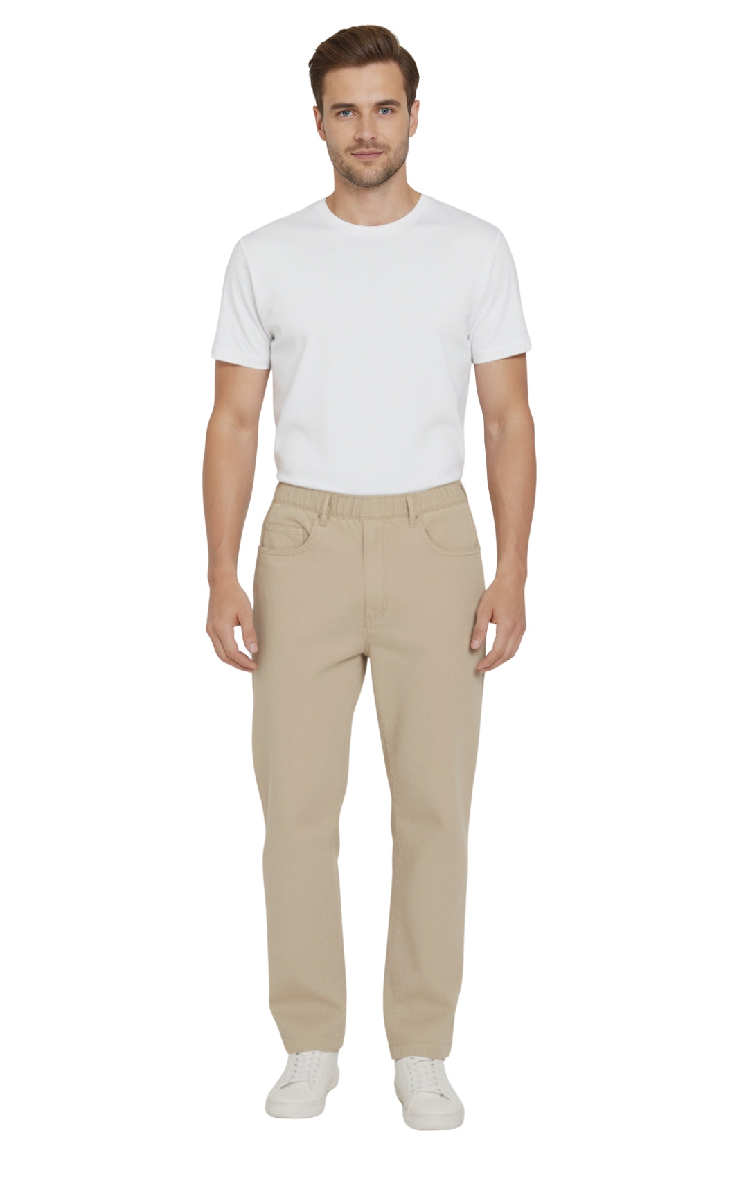 Man wearing a white t-shirt and beige pants on a white background