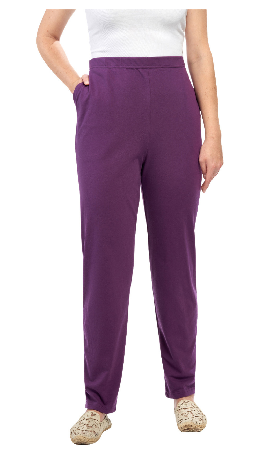 Turtle Bay New York Women's Knit Pull on Pants - Cotton Blend with Flat Front waistband deep purple front1