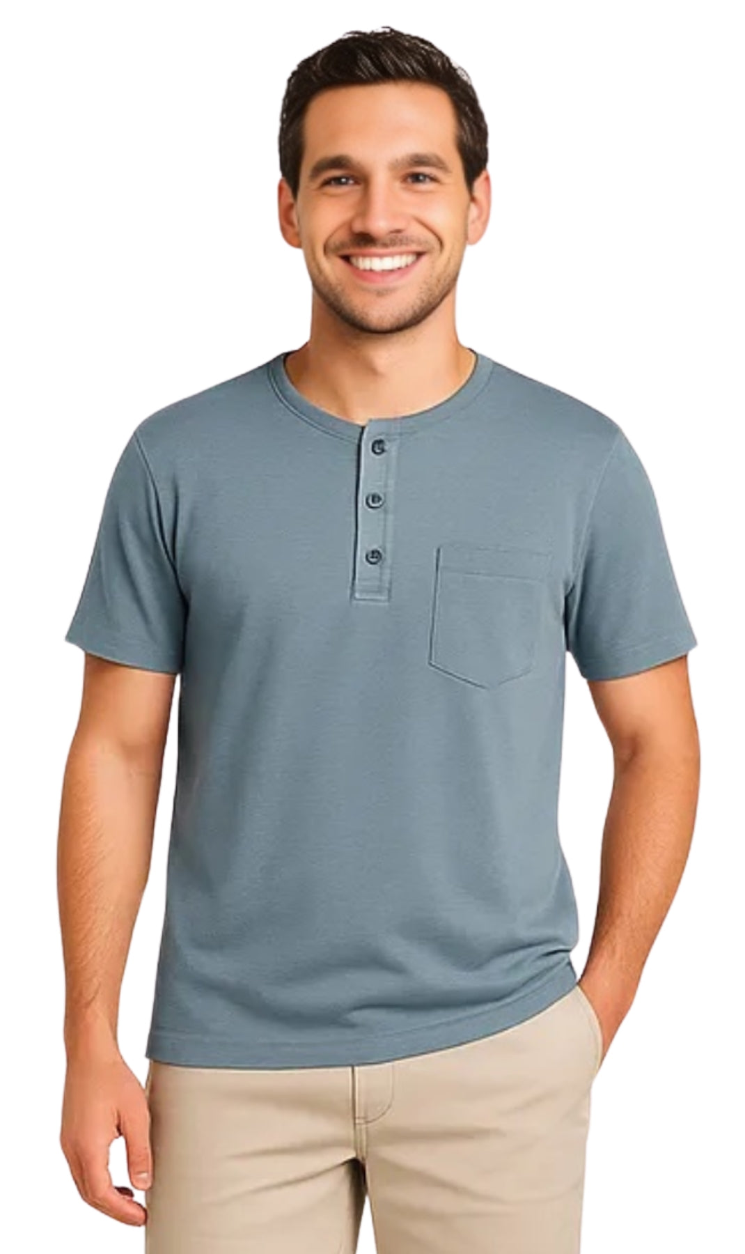 Men's Short Sleeve Henley Relaxed Fit Shirt with Pocket