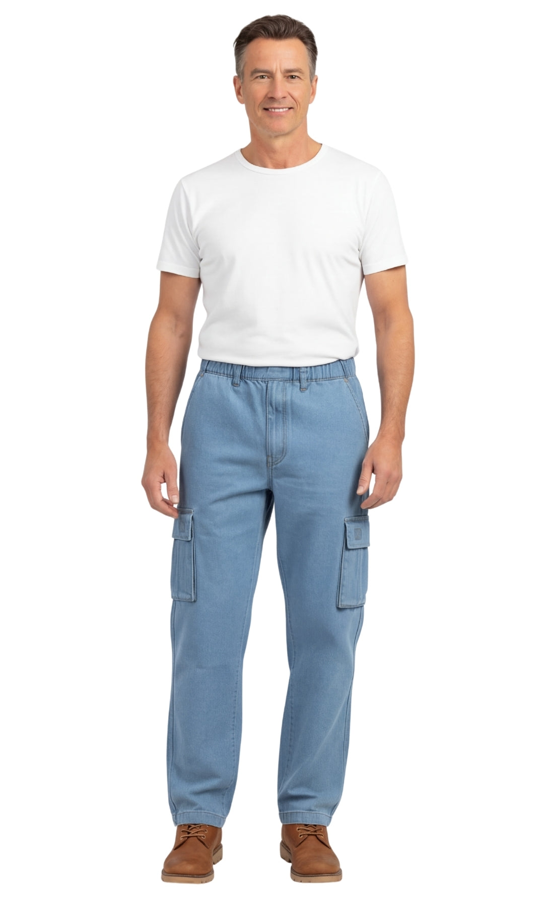 Men's Lightweight Double Cargo Pocket Pull-On Jeans – Cotton Blend Cargo Pants with Elastic Waist 14