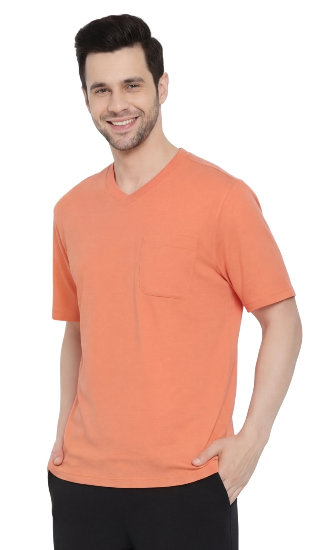 Turtle Bay New York Men's Heavyweight Short Sleeve V-Neck T-Shirt – Relaxed Fit Cotton Blend with Pocket melon front