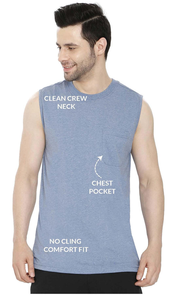 Men's Sleeveless T-Shirt with Pocket - Cool Off in Our Tough Tank - Blue Heather- Details -TURTLE BAY APPAREL