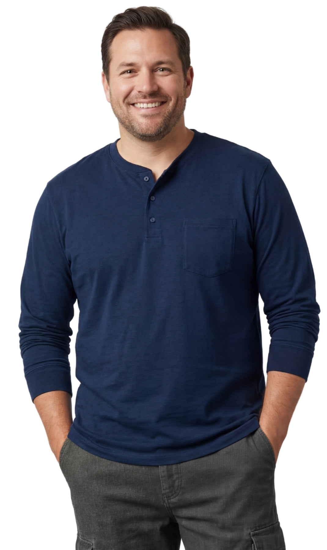Turtle Bay New York Men's Long Sleeve Henley shirt in cotton blend with 3 Button Placket & Chest Pocket navy front