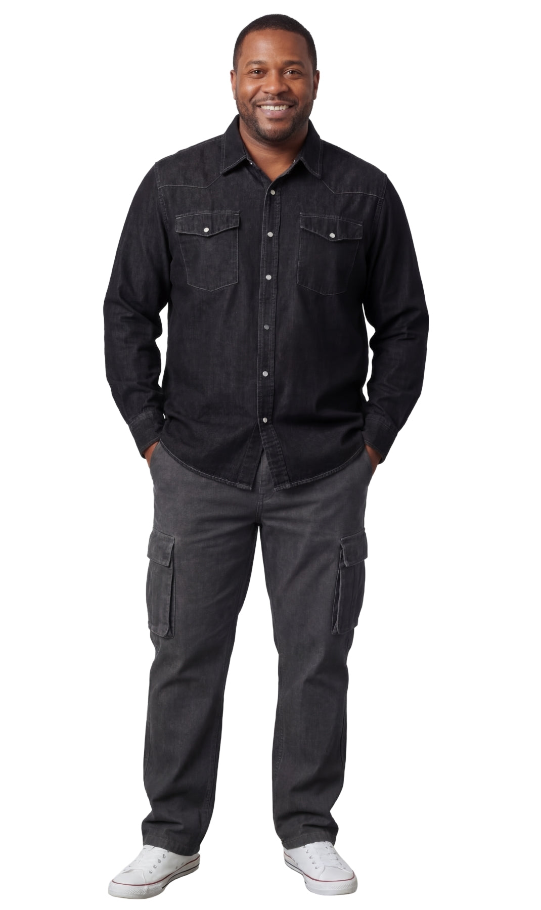 Turtle Bay Apparel Mens Western Snap Front Button Shirt in Denim and Twill with a Stitched Yoke and Chest Pockets – Black Full Length View