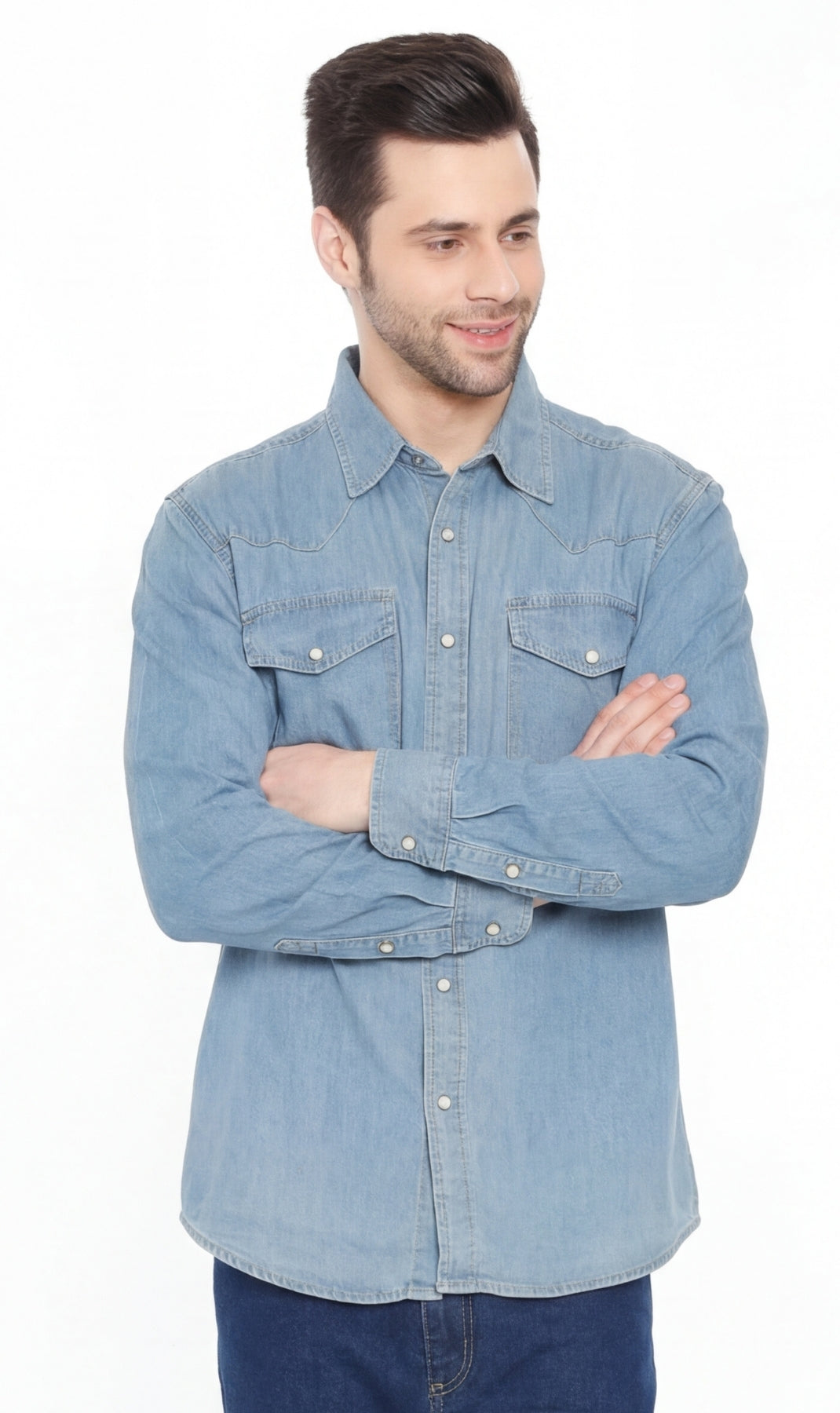 Turtle Bay Apparel Mens Western Snap Front Button Shirt in Denim and Twill with a Stitched Yoke and Chest Pockets – Blue Front View
