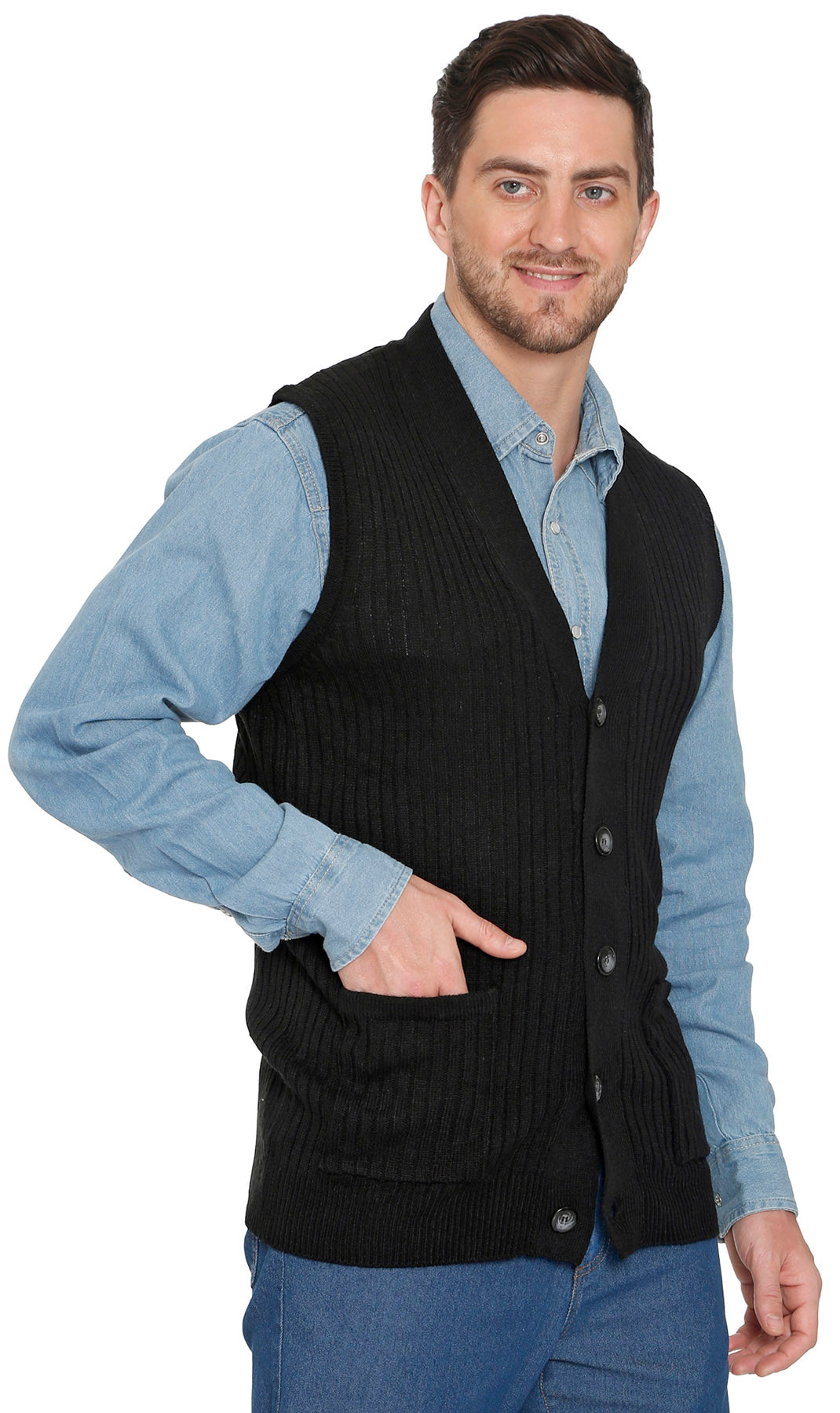 Men's Relaxed Fit Rib Knit Sweater Vest - Button Front with Pockets 5