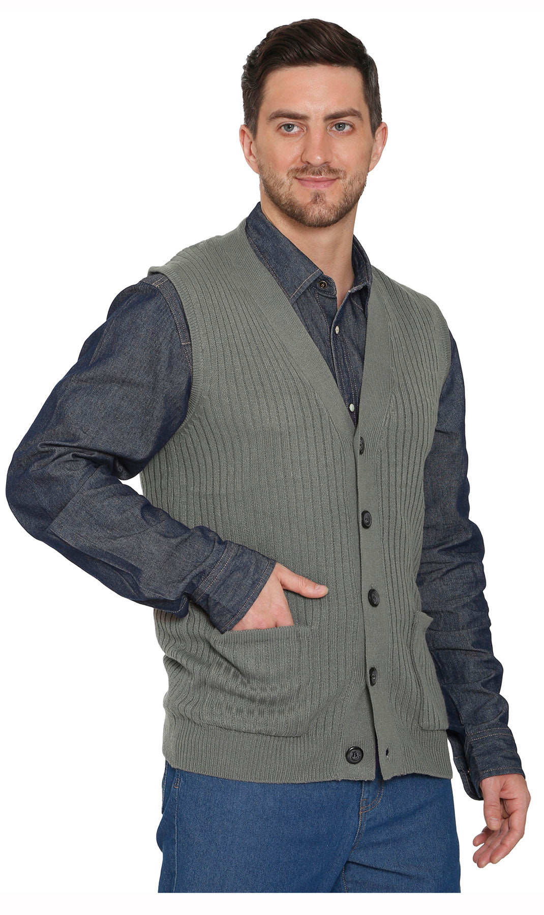 Men's Relaxed Fit Rib Knit Sweater Vest - Button Front with Pockets 17