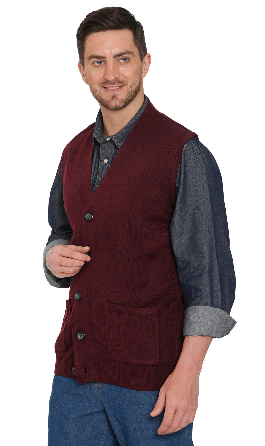 Men's Cashmere-Like Button Front Flat Knit Sweater Vest with front patch pockets 18