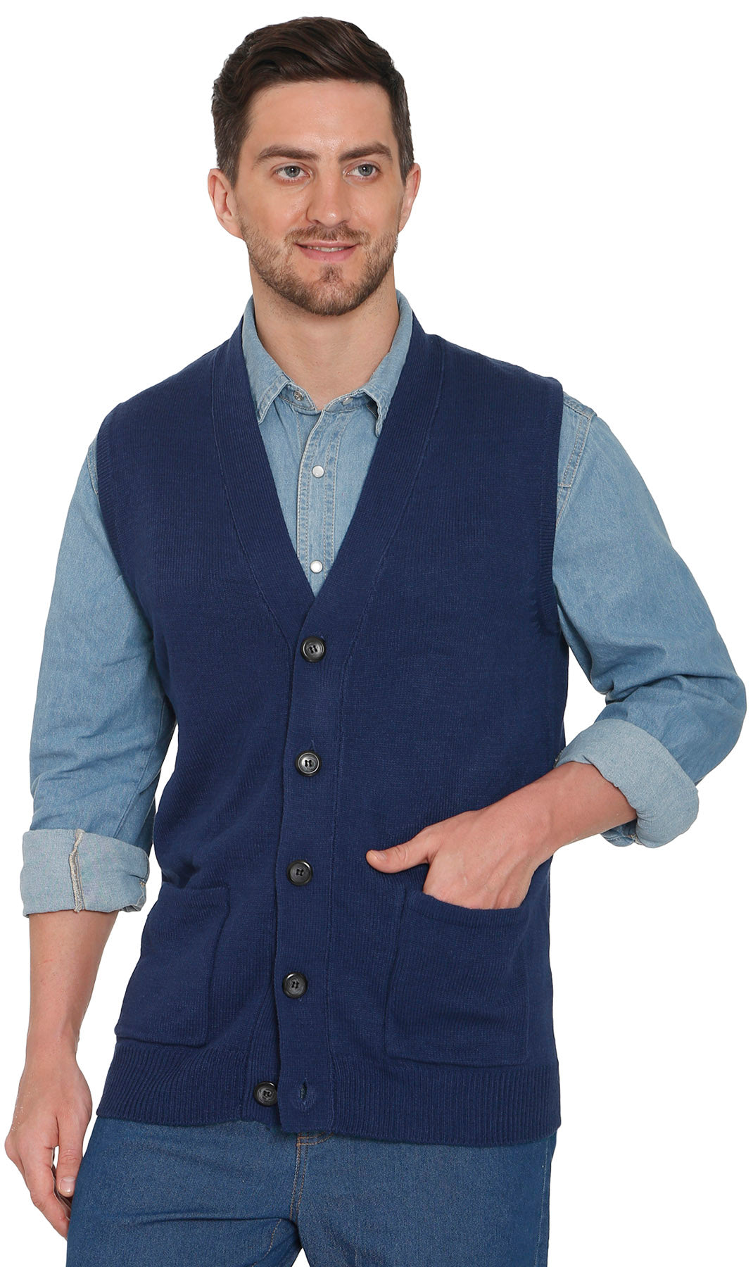 Men's Cashmere-Like Button Front Flat Knit Sweater Vest with front patch pockets 9
