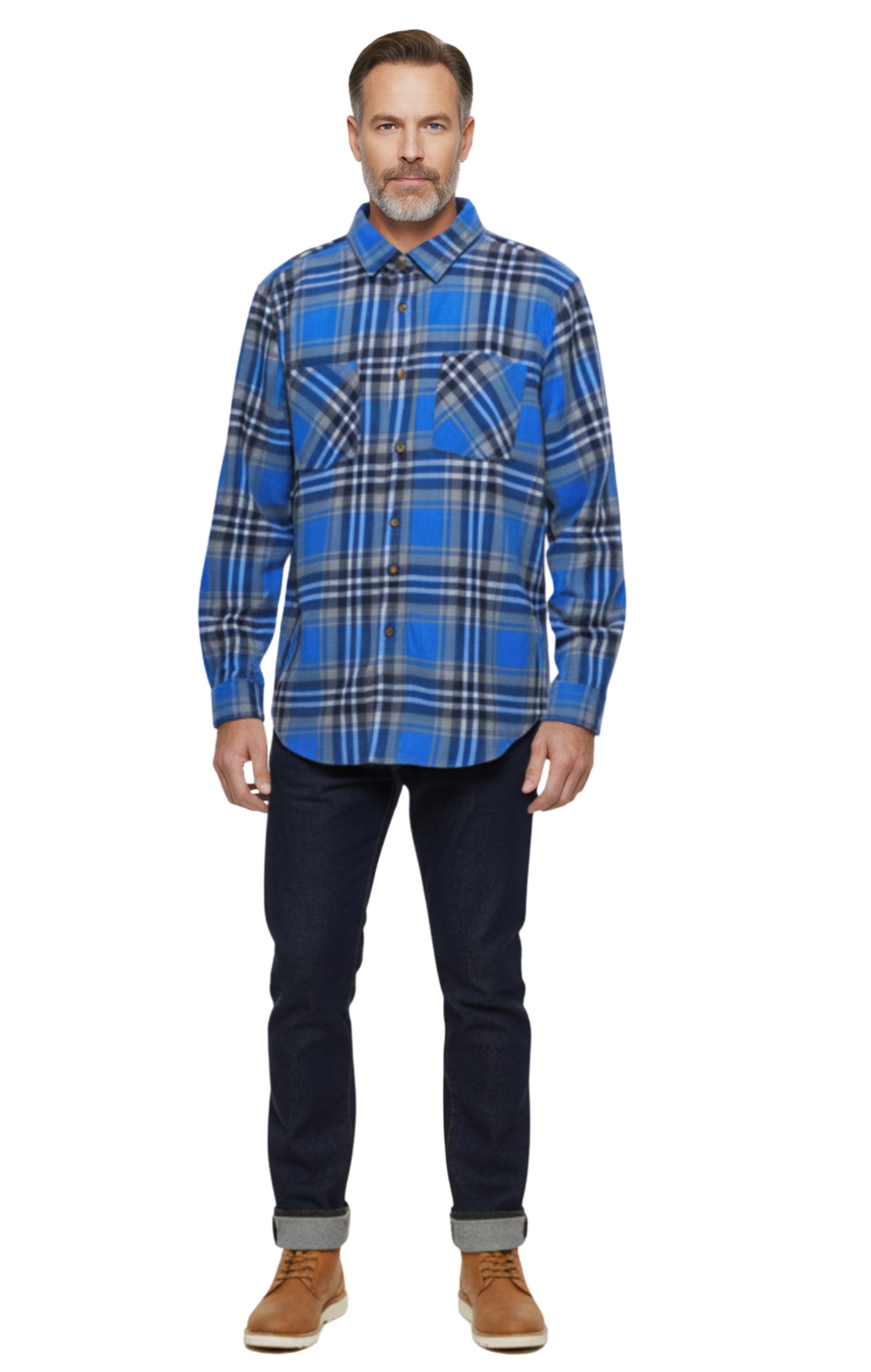 Turtle Bay New York Men's Heathered Fleece Overshirt with Chest Pockets and Tortoise-shell patterned Buttons blue Plaid side full