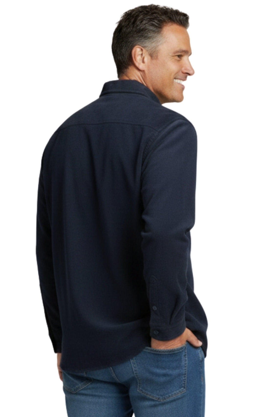 Man wearing a navy long-sleeve shirt on a white background