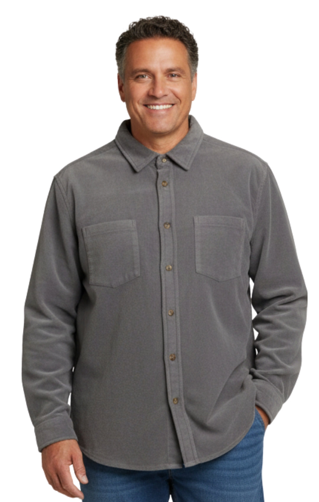 Men's Heathered Fleece Overshirt with Chest Pockets and Tortoise-shell patterned Buttons 9