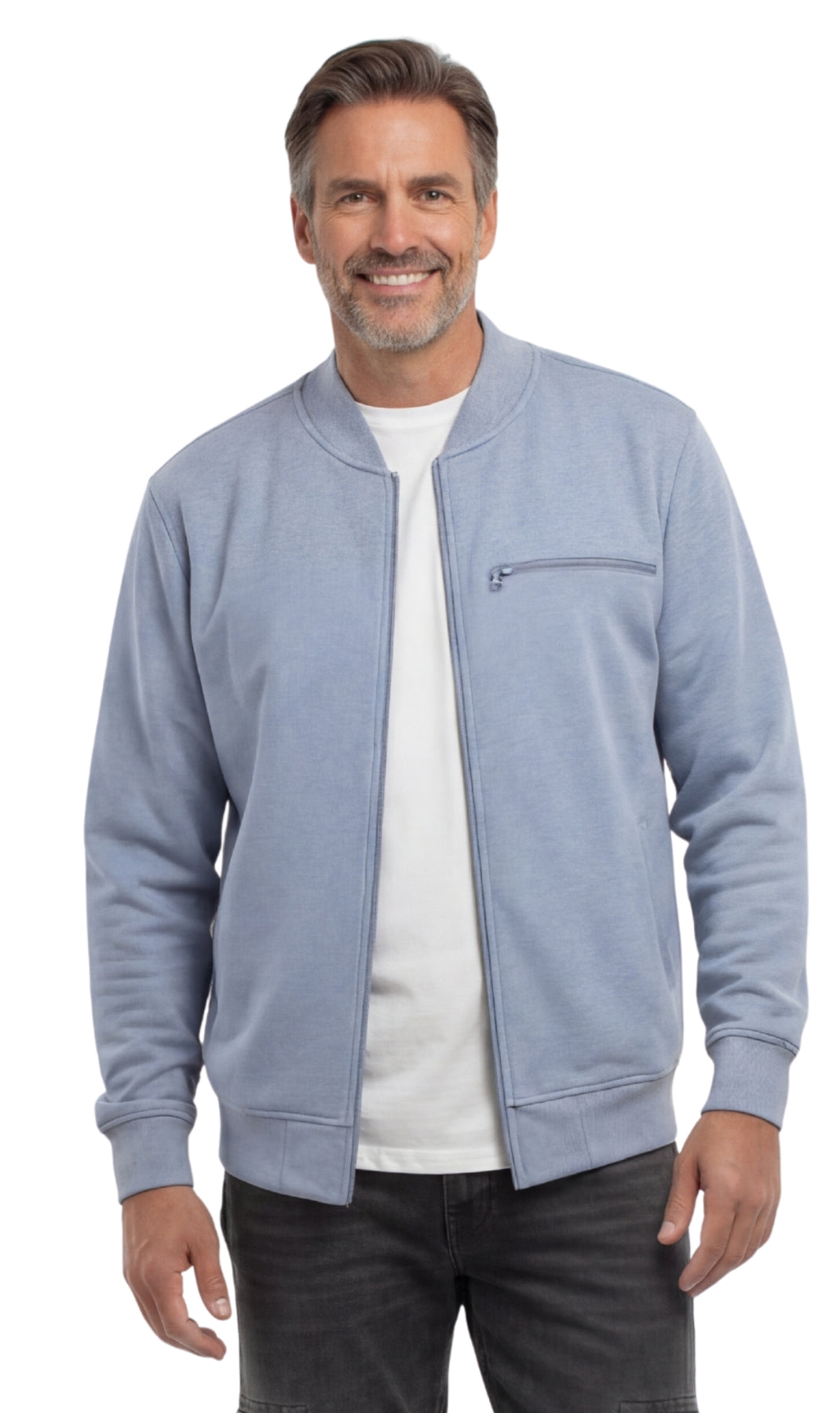 Turtle Bay New York Men's Classic Zip-Up Baseball Fleece Jacket in Lightweight Cotton Blend Fabric with Sporty Edge Blue Heather front