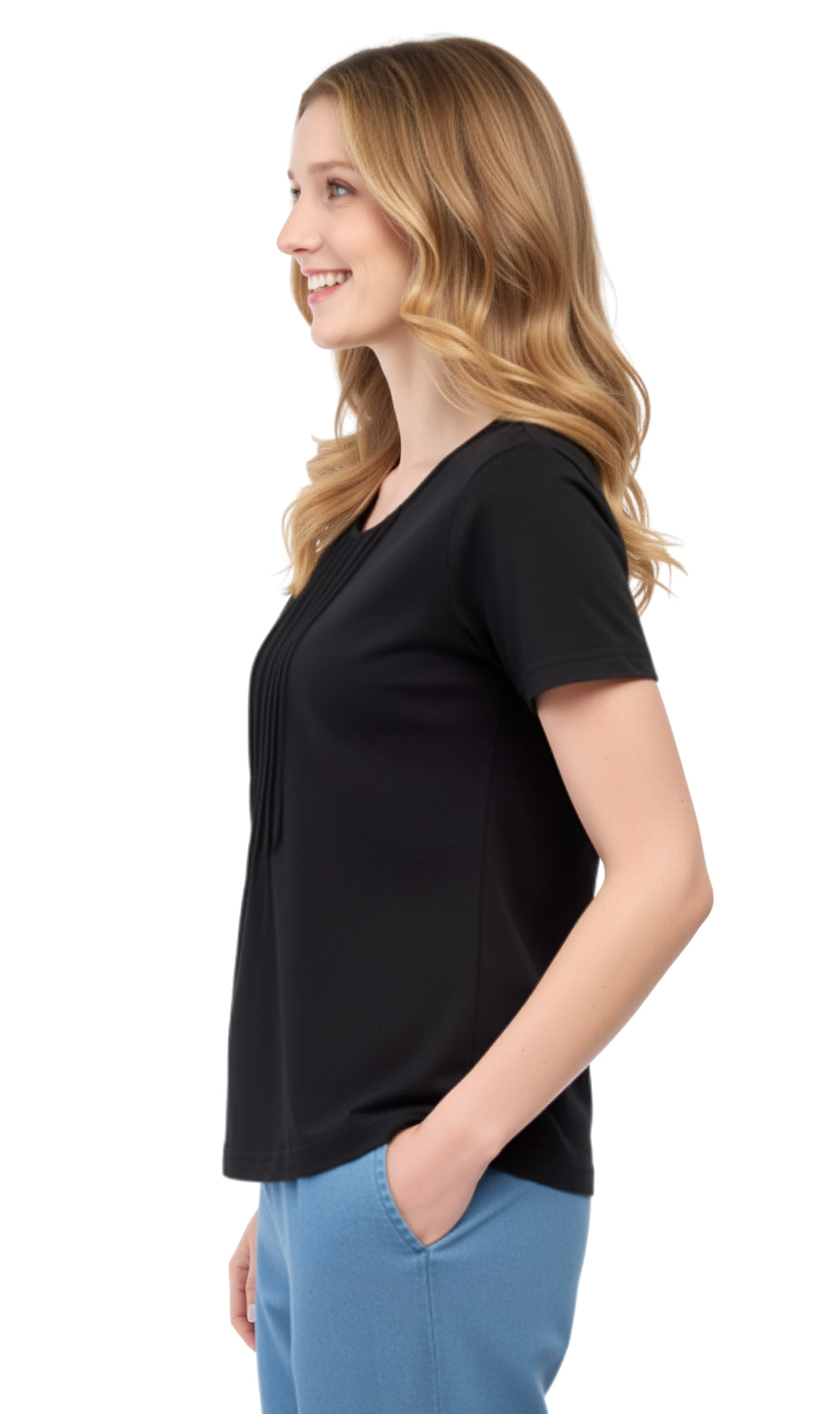 Turtle Bay Apparel Women's Short Sleeve Cotton Knit T-shirt in Pintuck Style