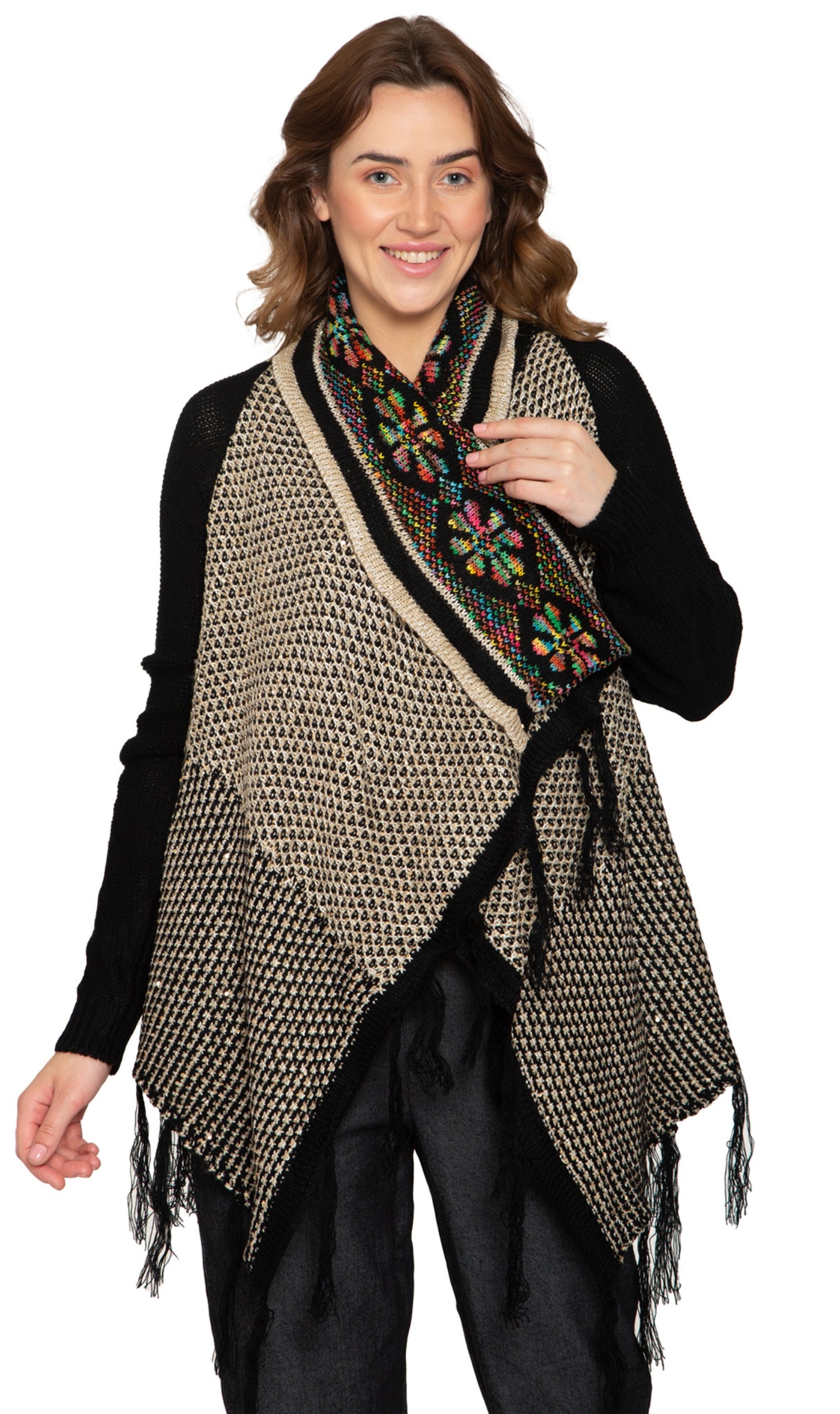 Women's Fringed Jacquard Weave Open Front Long Cardigan