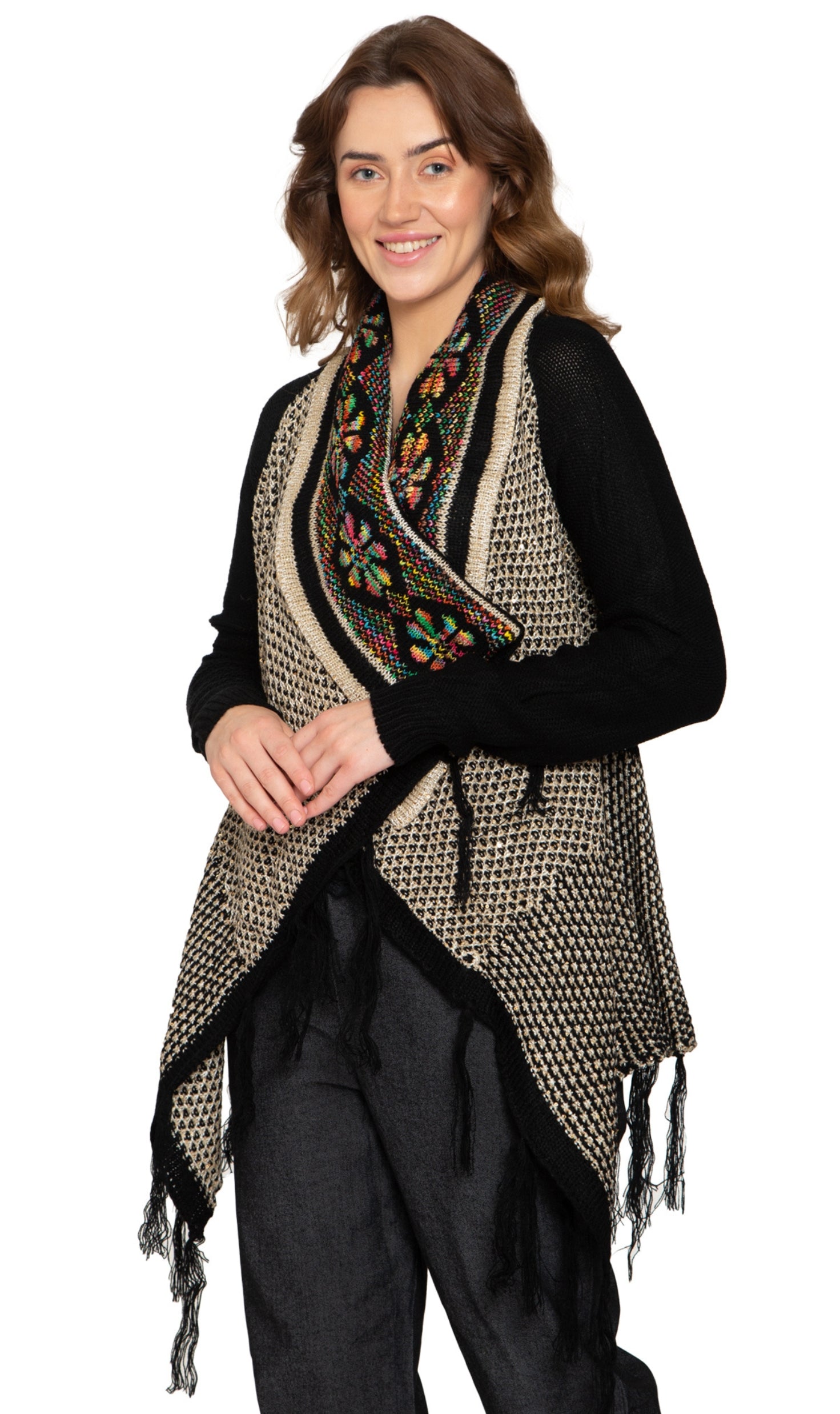 Women's Fringed Jacquard Weave Open Front Long Cardigan 4