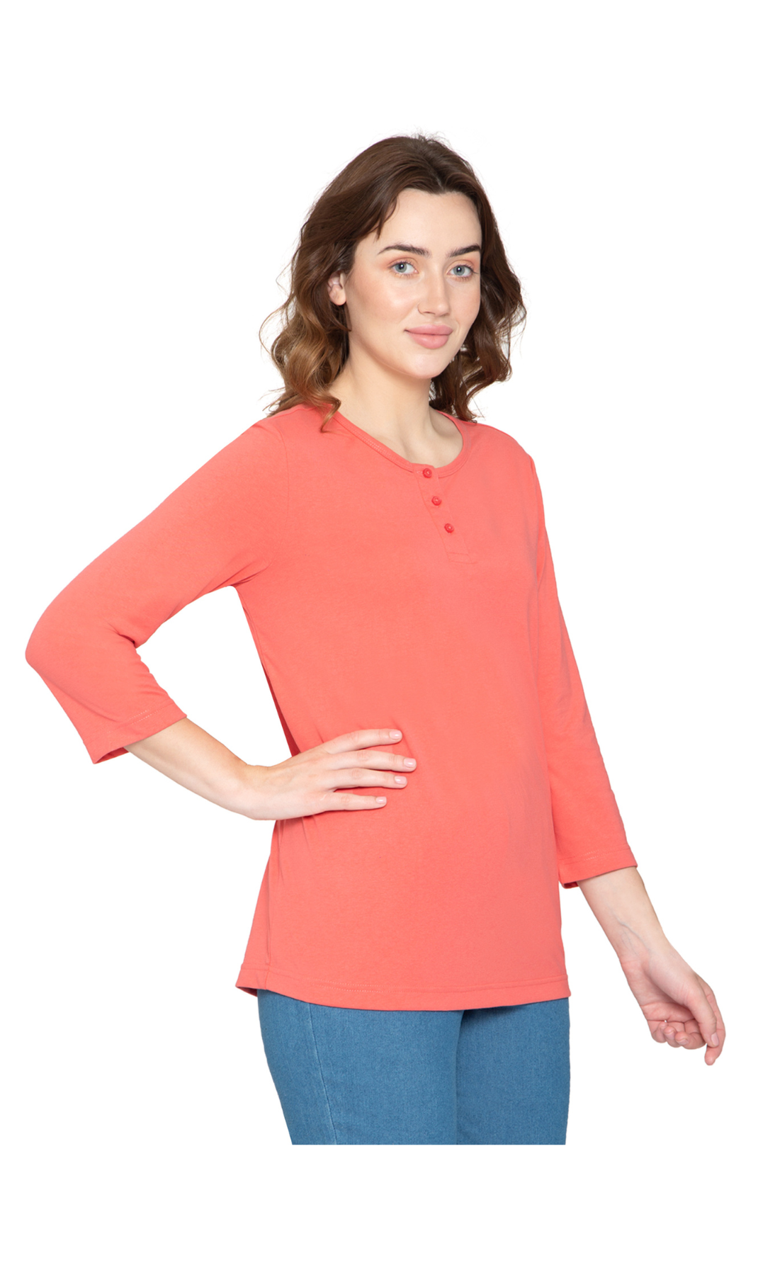 Women's 3/4 sleeves Henley in Cotton Blend with Button Placket 11