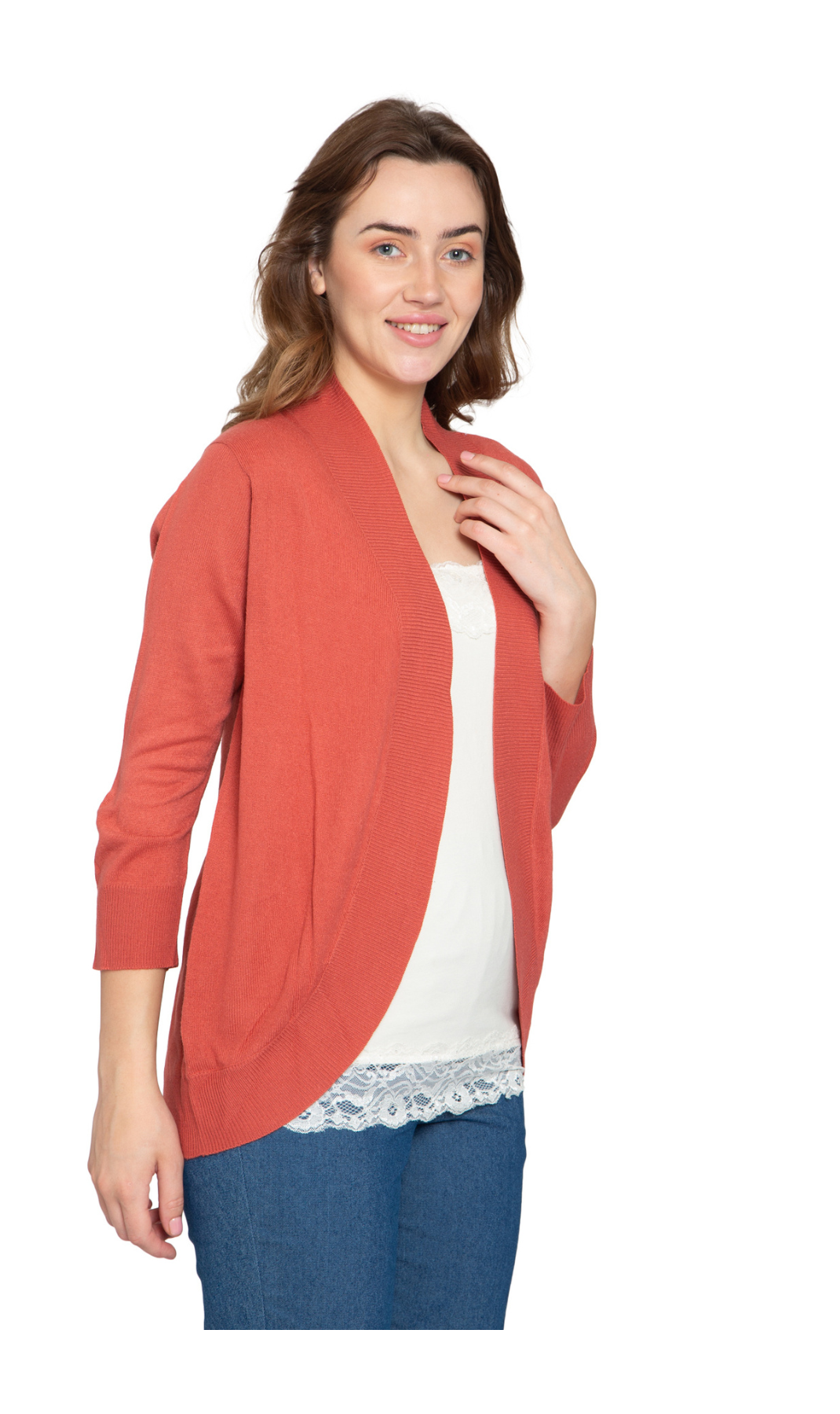 Women's Curved Hem Cardigan - Open Front in Soft Cashmere like Fabric 7