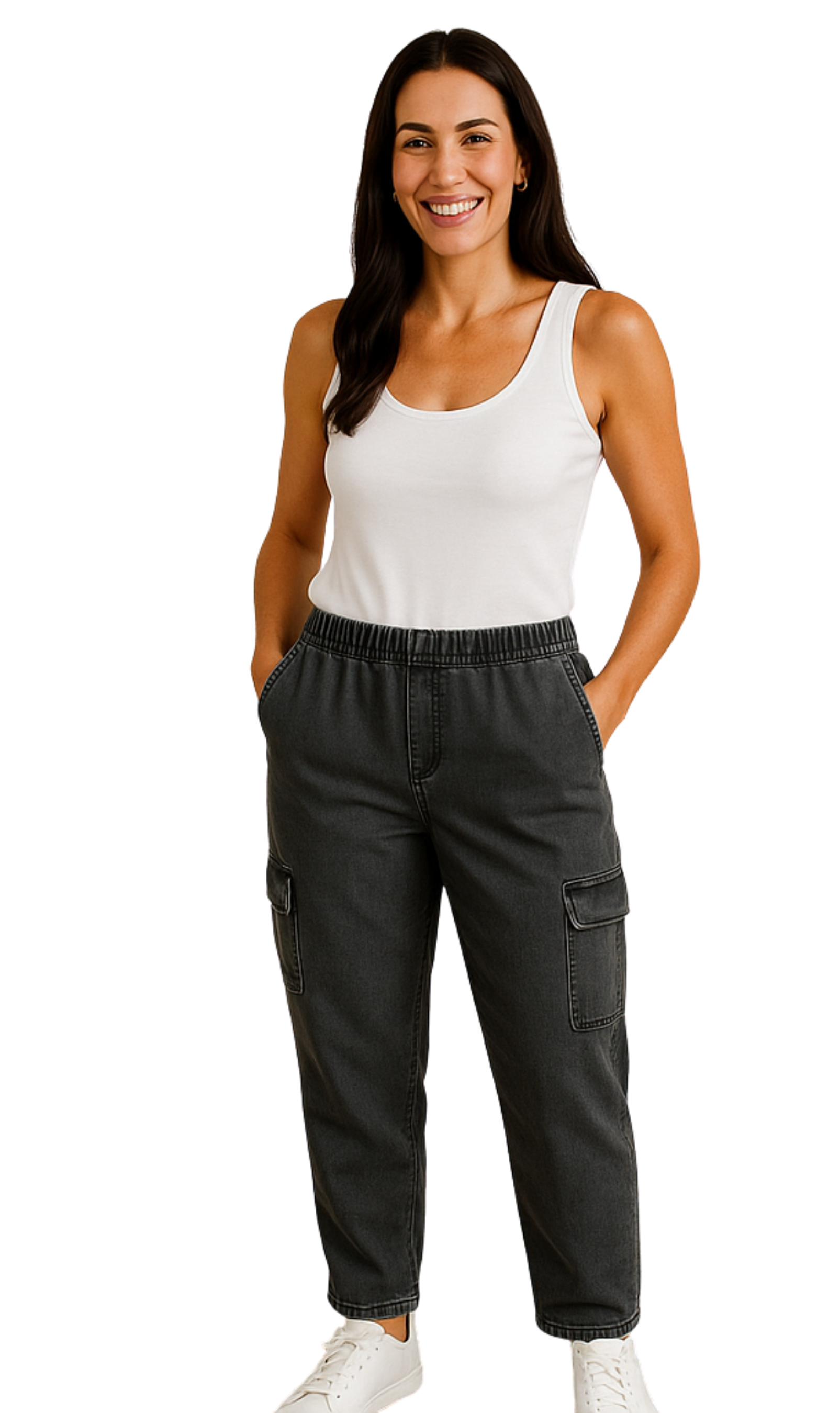 Woman wearing black cargo pants and a white tank top on a white background