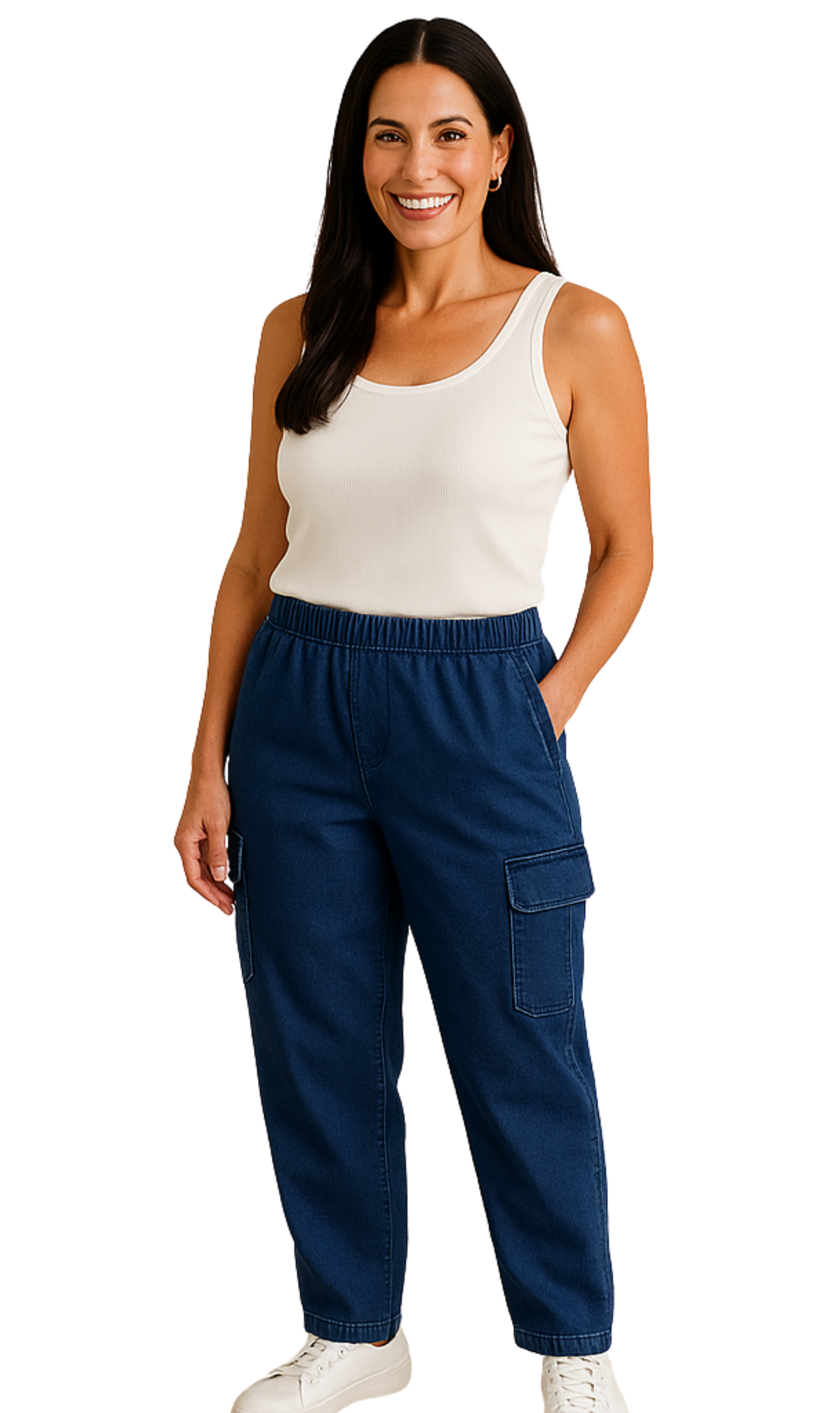 Woman wearing navy cargo pants and a white tank top on a white background