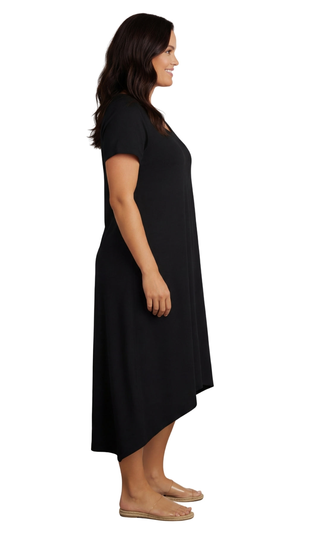 Women's Knit Wide Scoop Neck Short Sleeve Dress in A-line Asymmetrical Hem 13