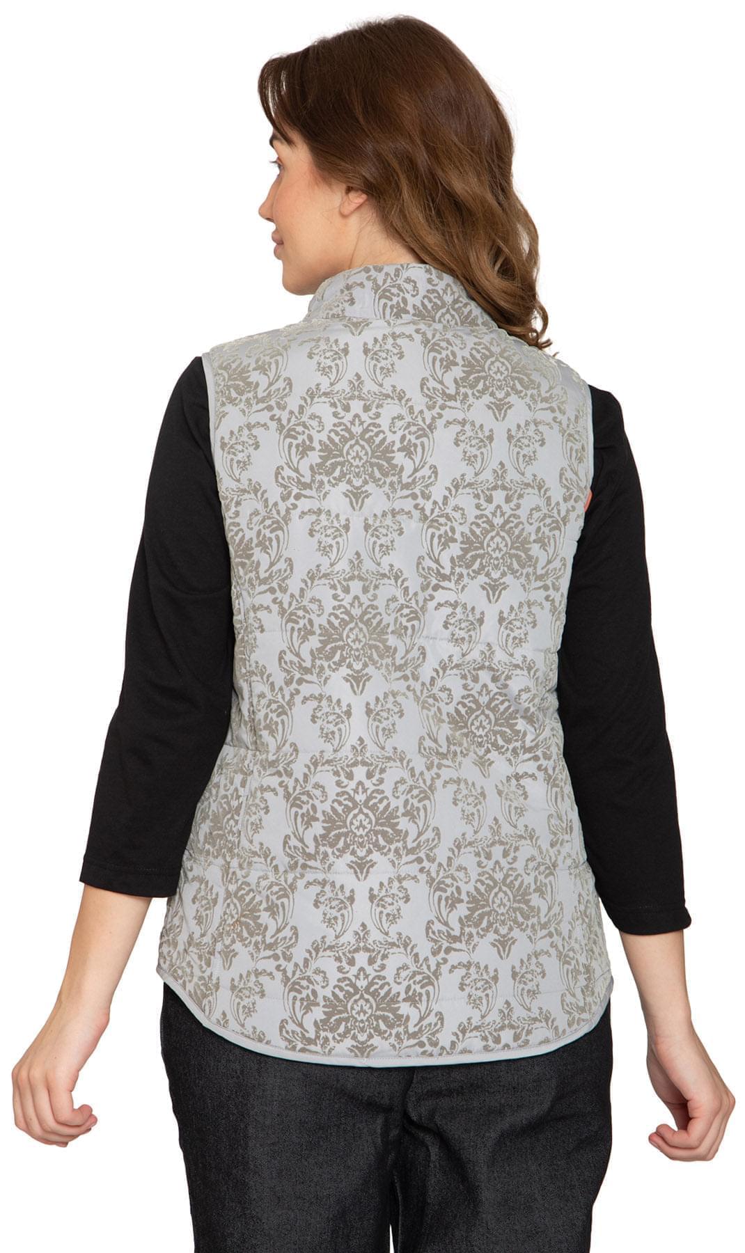 Women's Flocked Damask Print Zip Front Vest With Lining And Fill - Back - TURTLE BAY APPAREL