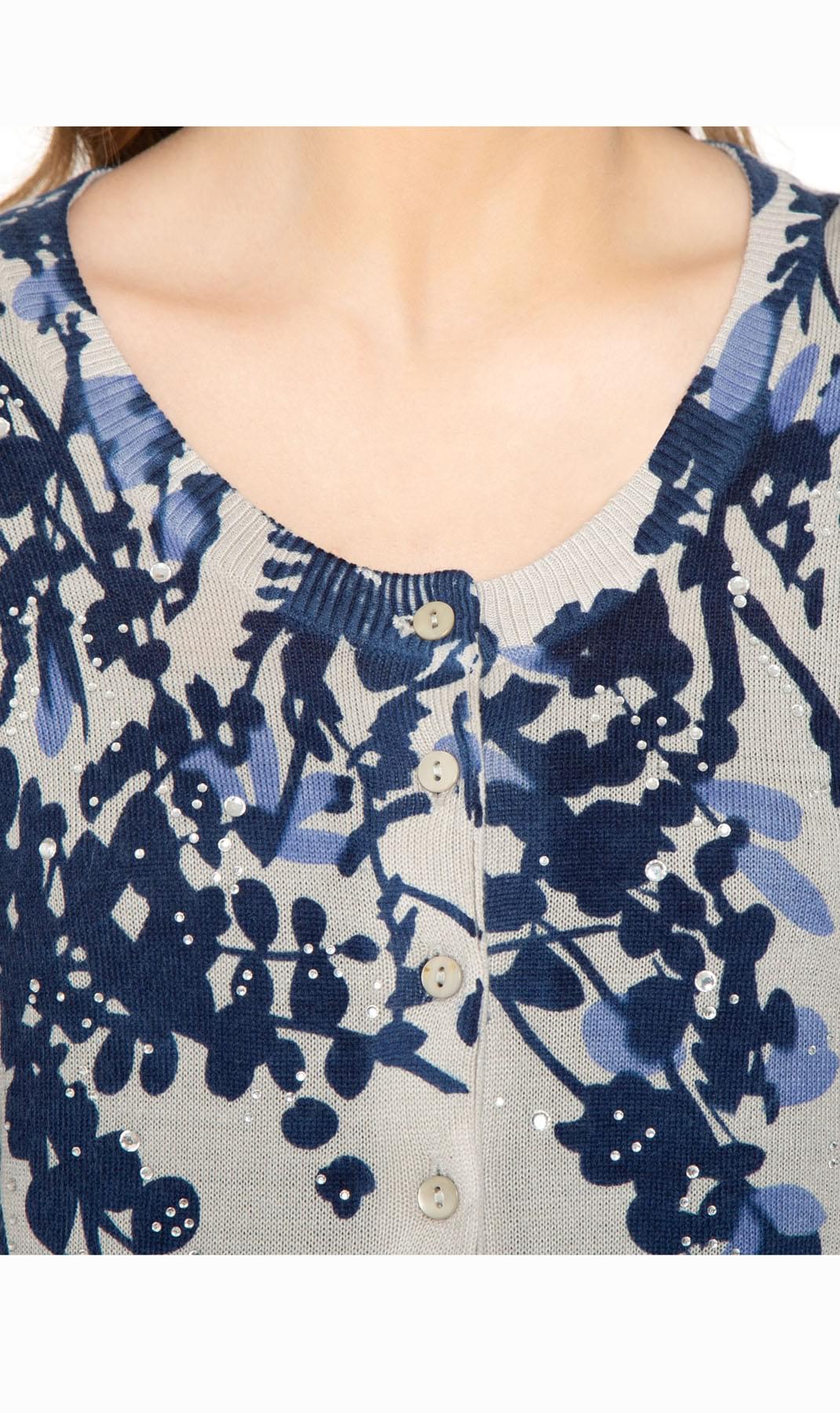 Women's 3/4 Sleeve Knit Printed And Embellished Cardigan Sweater - Close up -TURTLE BAY APPAREL