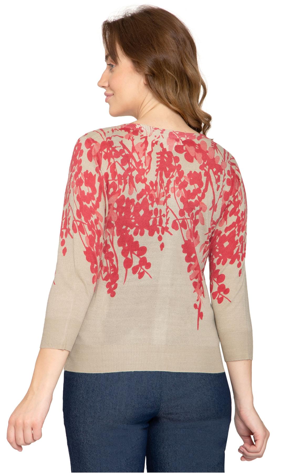 Women's 3/4 Sleeve Knit Printed And Embellished Cardigan Sweater - Coral - Back - TURTLE BAY APPAREL