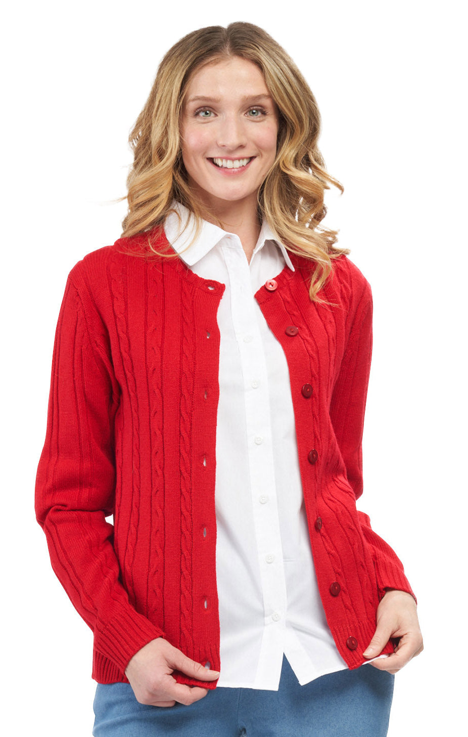 Woman wearing a red cardigan over a white shirt with a white background