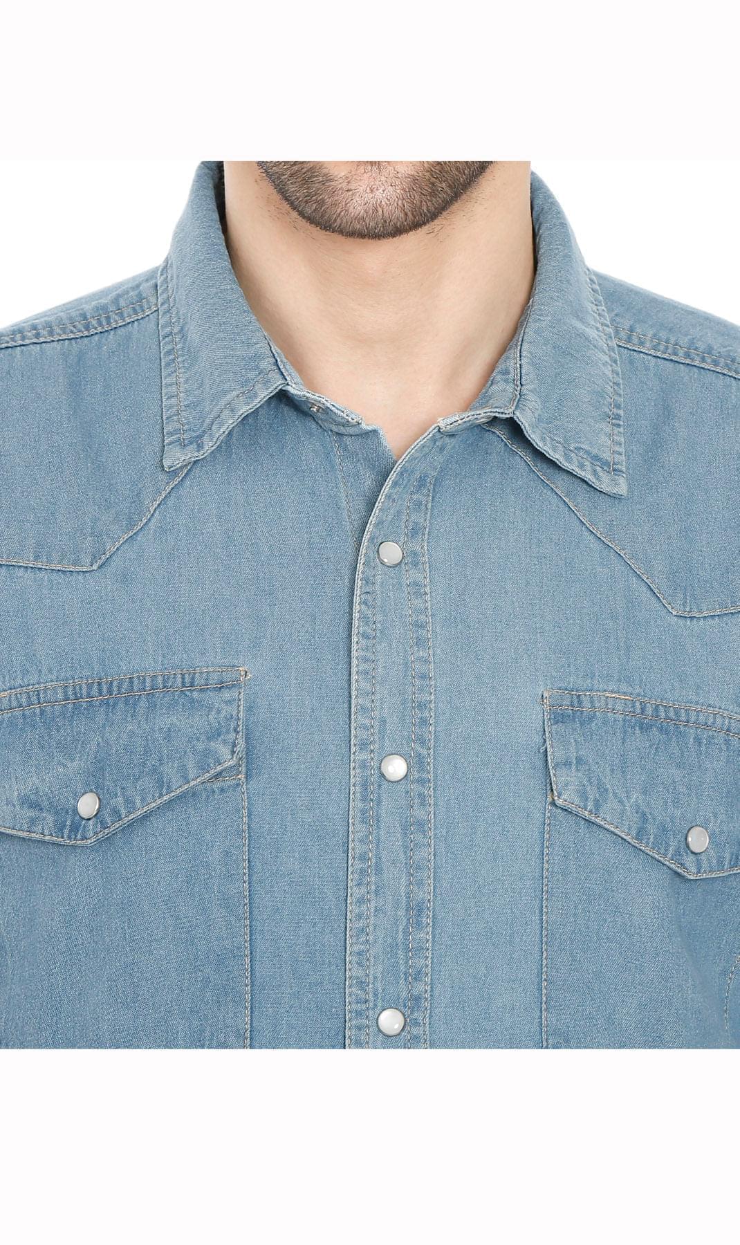 Mens Western Snap Front Shirt - Med Blue - coller -  TURTLE BAY APPAREL
