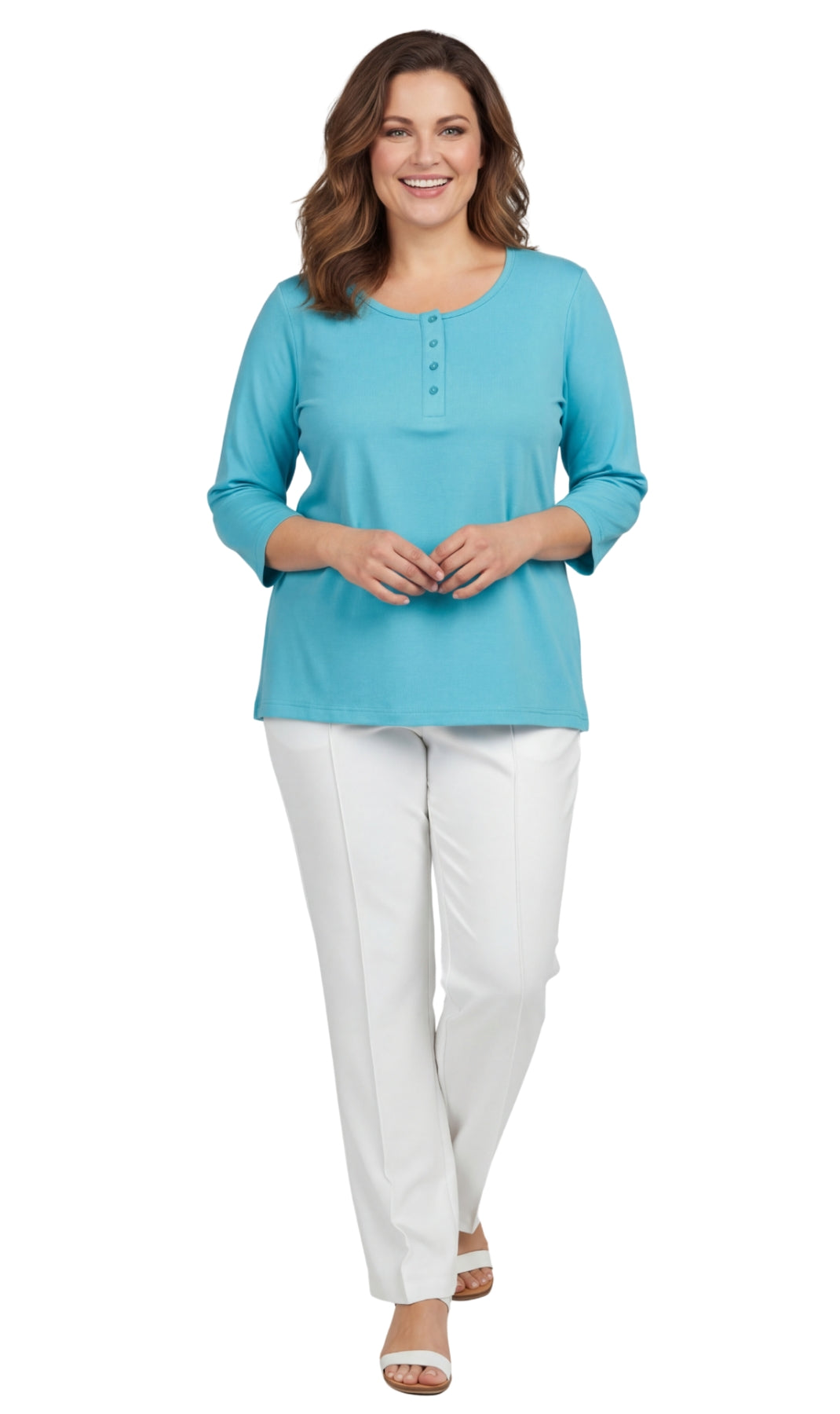 Women's 3/4 sleeves Henley in Cotton Blend with Button Placket 52
